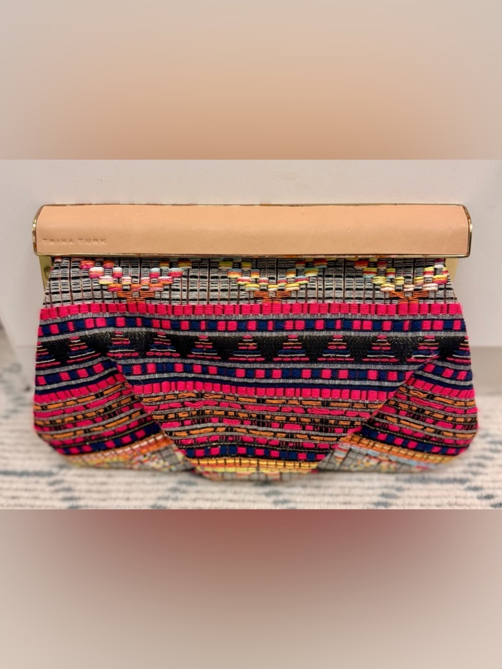 TRINA TURK Multicolor Cozy Boho Woven Jacquard Geometric Frame Clutch Bag